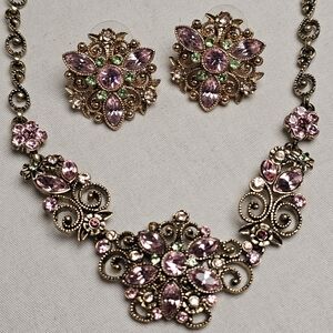 Nina Ricci Avon Pink floral crystal necklace matching post earrings vintage Y2KS